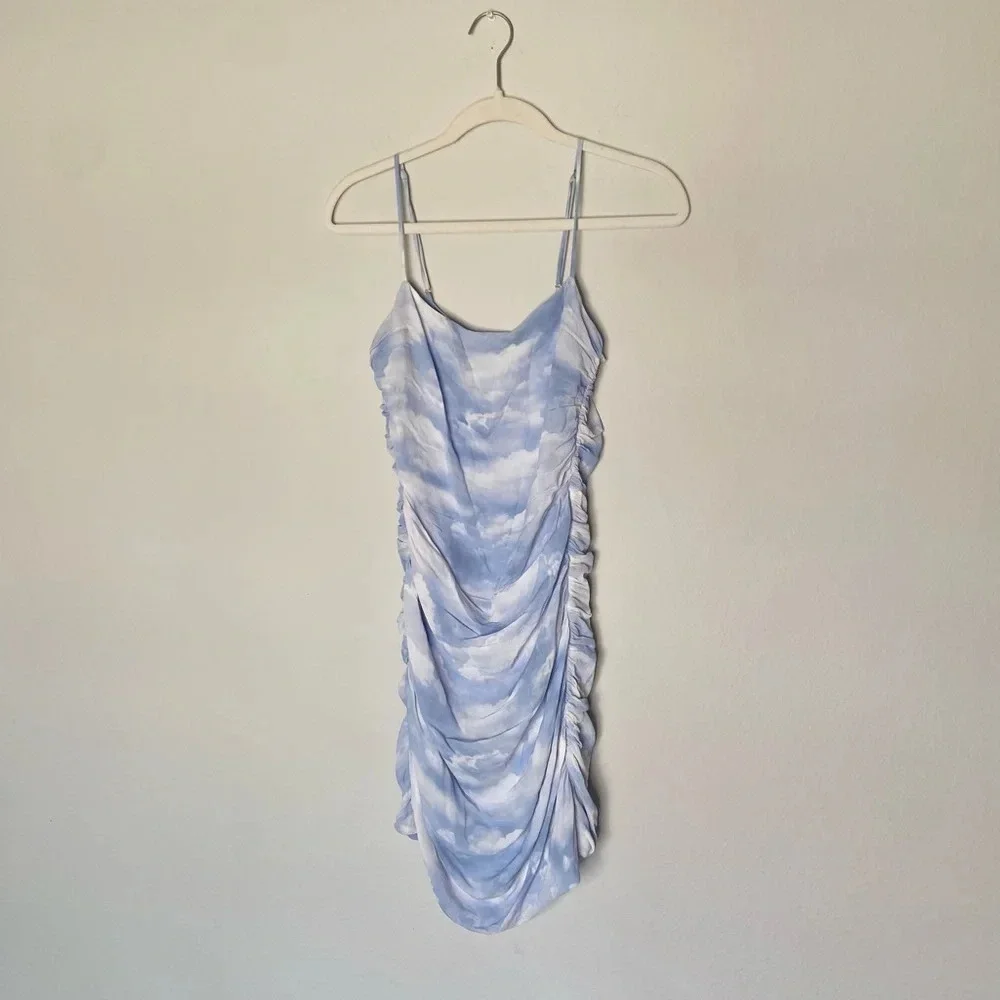 We Wore What REVOLVE Ronnie in Clouds Powder Blue Ruched Bodycon Mini Dress - Picture 5 of 9